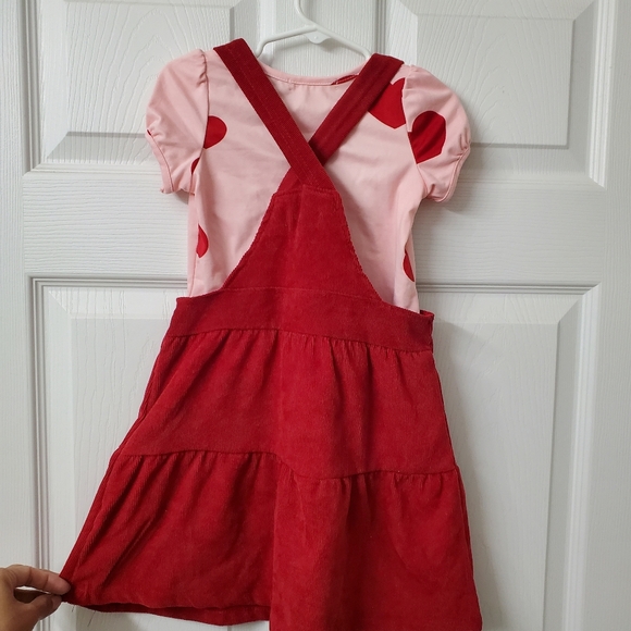 Emma & Elsa Girls Red Valentines Corduroy Jumper Dress With Pink Heart Shirt 4T - Picture 3 of 5